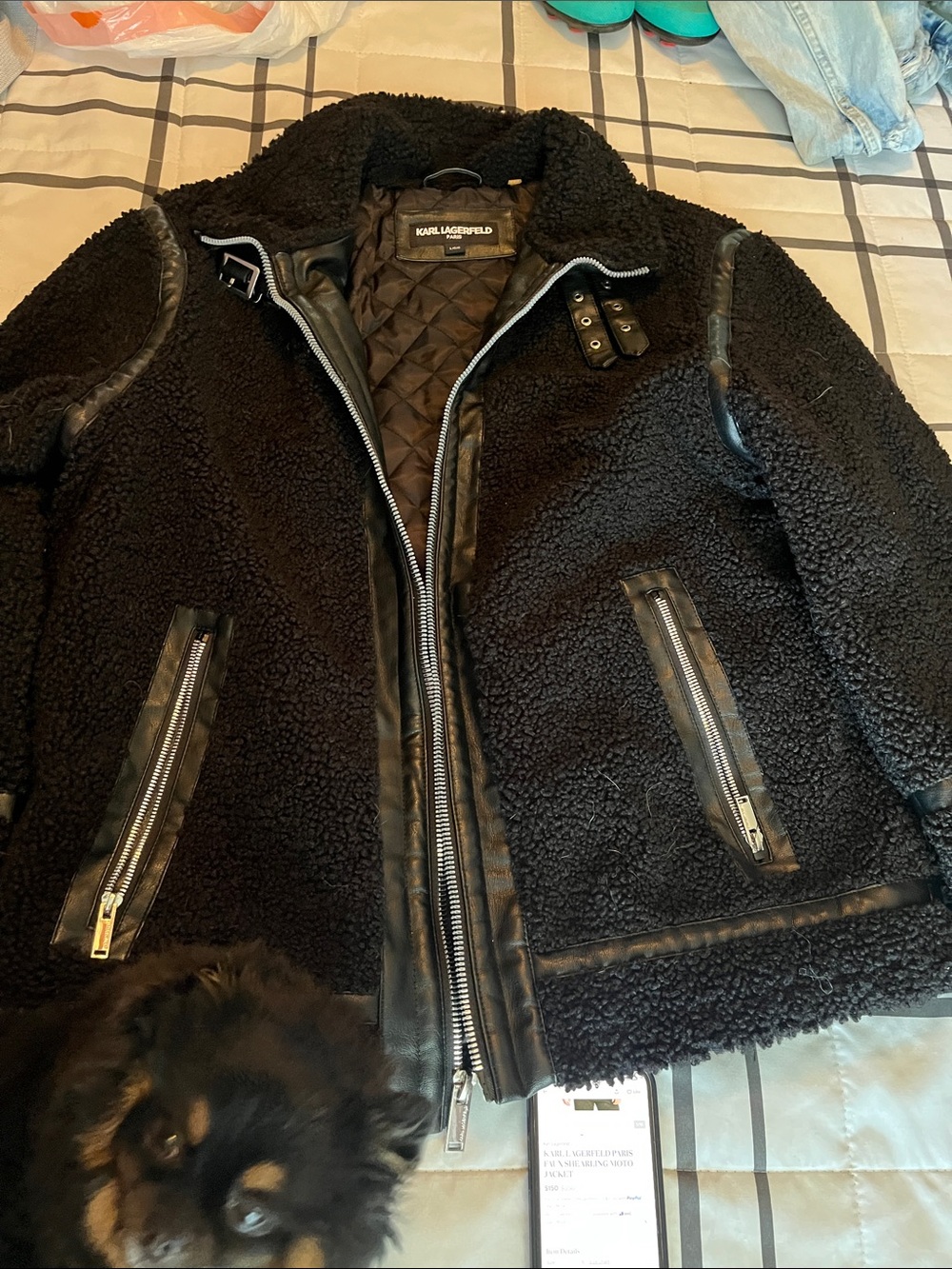 Karl Lagerfeld Black Faux-Sherpa Moto Jacket with Leather Trim
